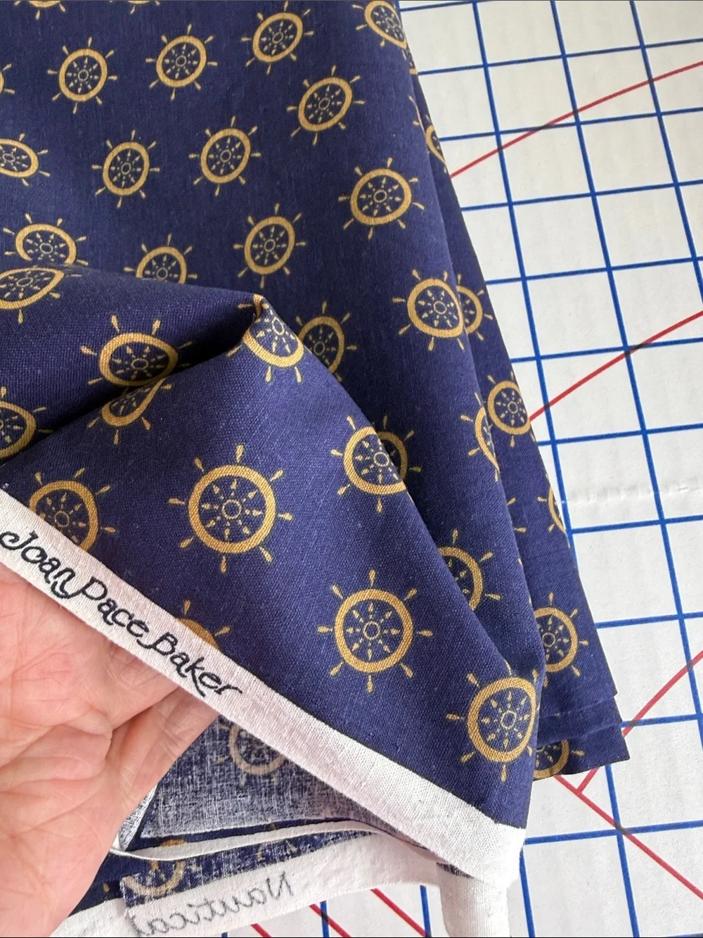 Vintage Joan Pace Baker Nautical Prints Cotton Fabric Ship Wheel Navy Gold